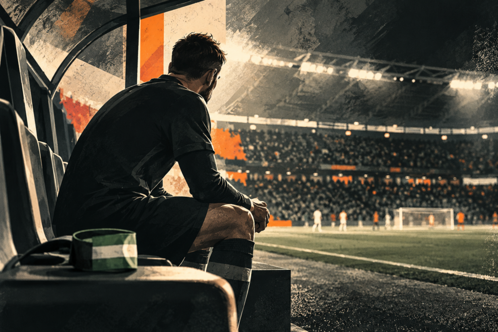Redaktionelle KI-Illustration eines langjährigen Fußballkapitäns auf der Ersatzbank als Symbol für Maximilian Arnolds neue Rolle beim VfL Wolfsburg