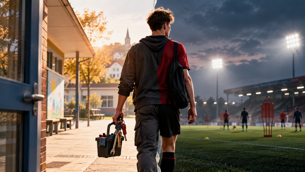 Redaktionelle KI-Illustration eines jungen Fußballers zwischen Hausmeisterarbeit an einer Schule und Profifußball