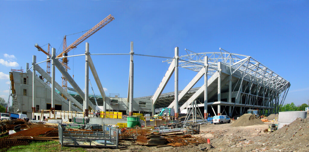 Neubau des Rudolf-Harbig-Stadions am alten Standort im April 2009