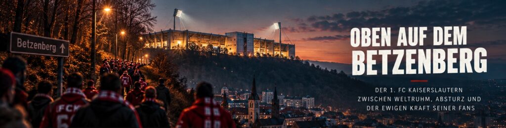 Fans auf dem Weg hinauf zum Betzenberg und das Fritz-Walter-Stadion über Kaiserslautern.