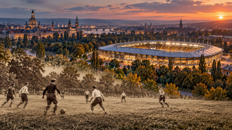 Historische Fußballer auf einer Wiese vor dem heutigen Dresdner Stadion und der Stadtsilhouette