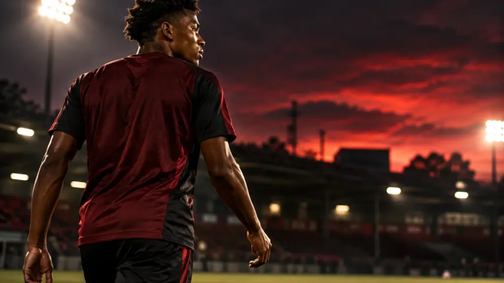 Winners Osawe vor einem Fußballstadion – Illustration zu seinem Comeback beim 1. FC Nürnberg